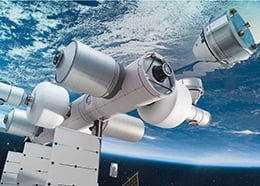 Concept art for a Blue Origin Blue Reef space station.